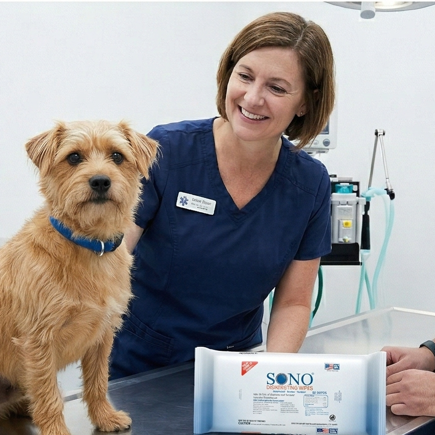 Dog sitting in vet office with SONO wipe pack